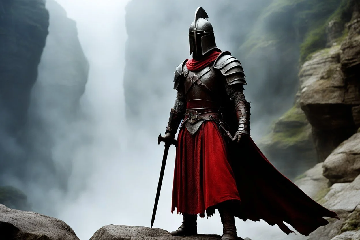 [close up high res photo by Ray Harryhausen, bokeh effect] In the mist-covered gorge, where shadows dance with whispers of ancient power, stands a lone figure clad in a tunic emblazoned with blood-red letters that read "Hellfire Knight." On his head: an iron helmet, in his hand, his sword gleams in the dim light, a weapon forged in the fires of determination and duty. He faces his destiny. As the mist swirls around him, the knight stands resolute, his gaze unwavering as he surveys the treacherou