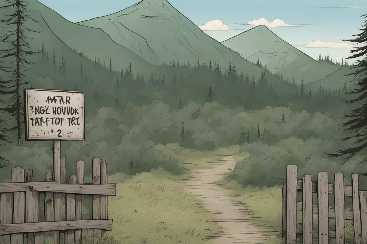 night, lookout, fence, mountain, forest, overgrown, post-apocalyptic, comic book, camp site signs