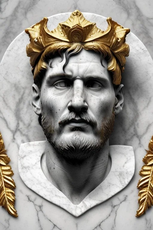 Ultra Realistic image, Roman sculpture, white marble material, Lionel Messi, gold Laurel leaves wreath, renaissance ornaments, one gold star in heart, sun ornament, sun rays background, chisel style, waist up portrait, emperor style, epic, celestial, cinematic lighting, God light, god rays, 4k resolution, smooth details, ornate details, soft lighting, unreal engine 5, art station, substance 3d.