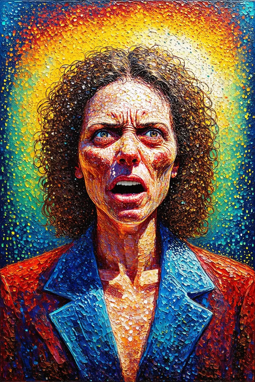 The universal human truth of anguish in a emotionally loaded execution; surrealistic stylistic pointillism with a splash of Post-Impressionism