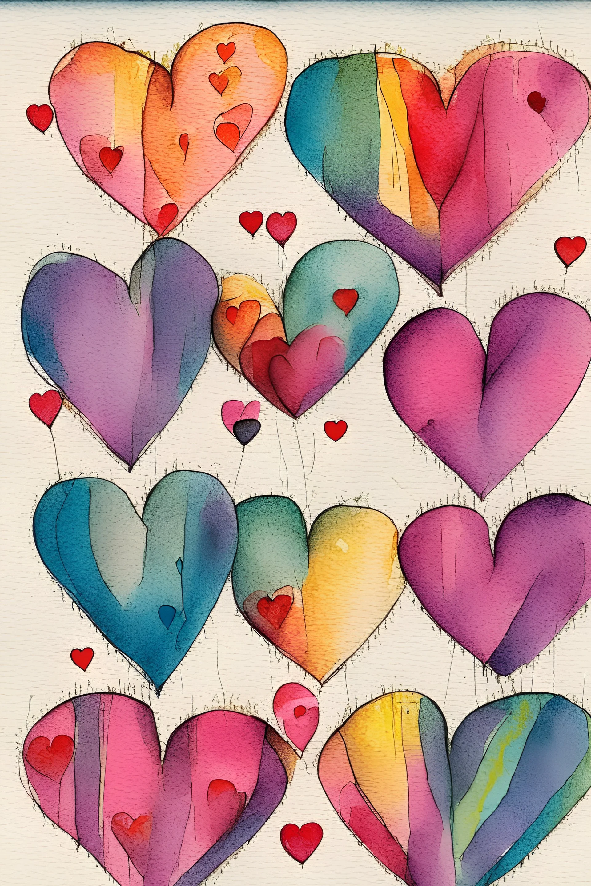 Hearts abstract wet watercolour in the style of Paul klee with thin sketchy pencil lines