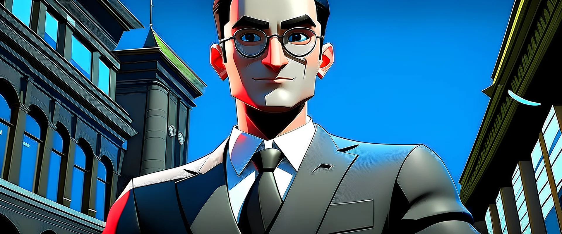 A cartoon character, styled in the Fortnite aesthetic and resembling the man in the provided image, dons a suit with a badass demeanor and a neutral expression. Rendered in 3D with a slight anamorphic touch, the character is positioned in front of the New York Stock Exchange, making direct eye contact with the camera and ensuring a clear view of the face. The image is presented in UHD quality resembling a DVD screengrab, embracing a cartoon style with ultra-detail and intricate elements. Volume