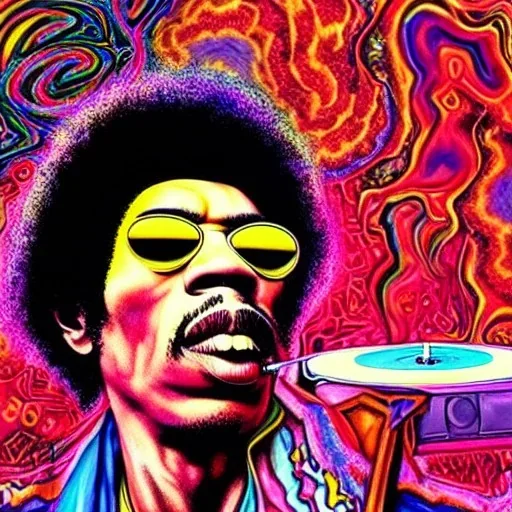 a realistic picture of Jimi Hendrix at a turntable with headphones on being a DJ, vivid color, with sunglasses, psychedelic trippy art, with UFOs in the background