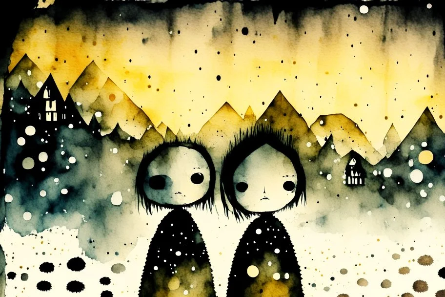 double exposure, merged layers, Covered Mountains in snow cold winter at night, styles of Paul Klee Dee Nickerson and Tim Burton, cute chibi scary monster, melting watercolor and black ink outlines on wet paper, soft, shading strokes, in sunshine, ethereal, otherwordly, cinematic postprocessing, bokeh, dof