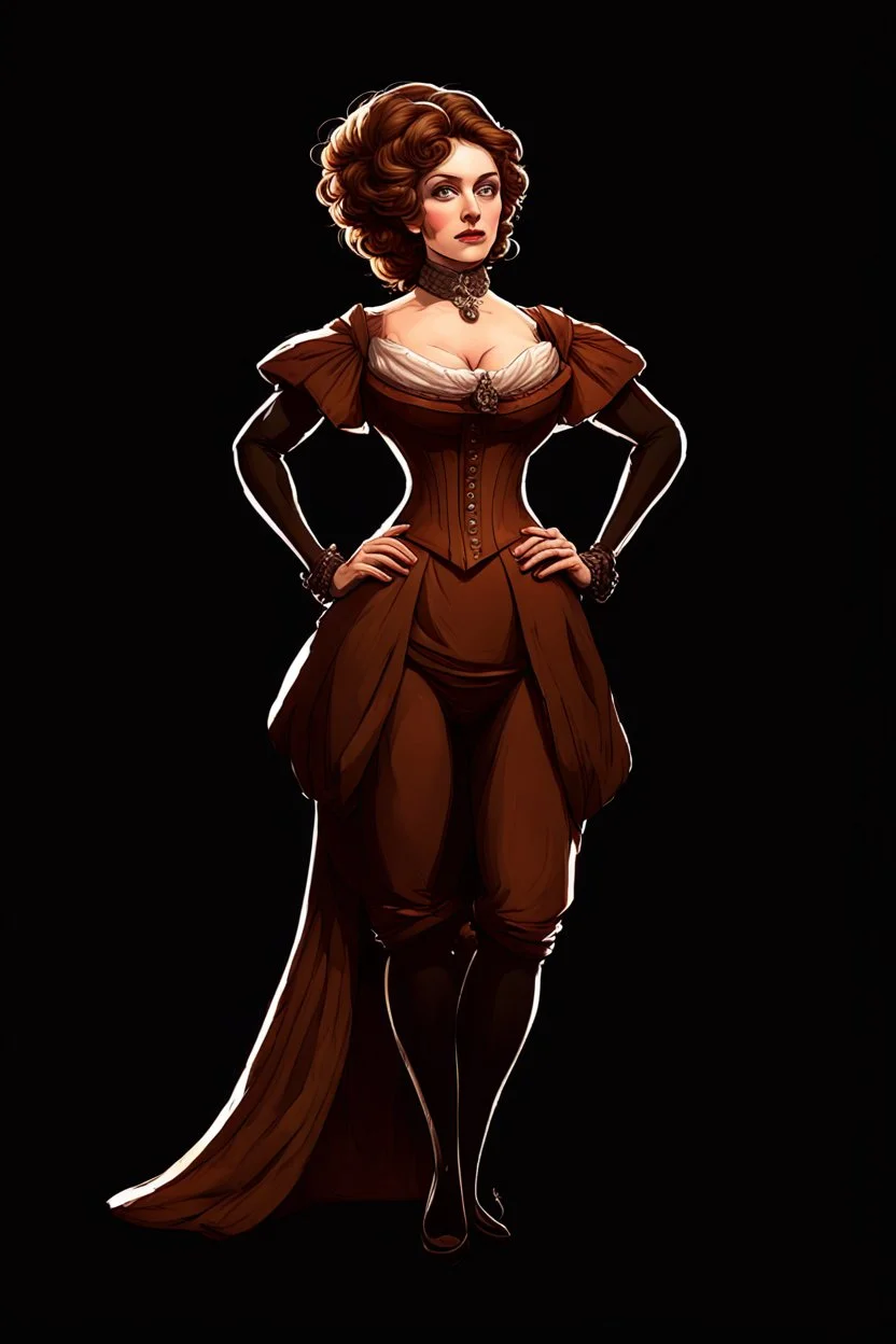 warm but stern aunty victorian era, posh british accent influenced, high born facial features dnd character on a solid black background, full body image, high quality realistic.