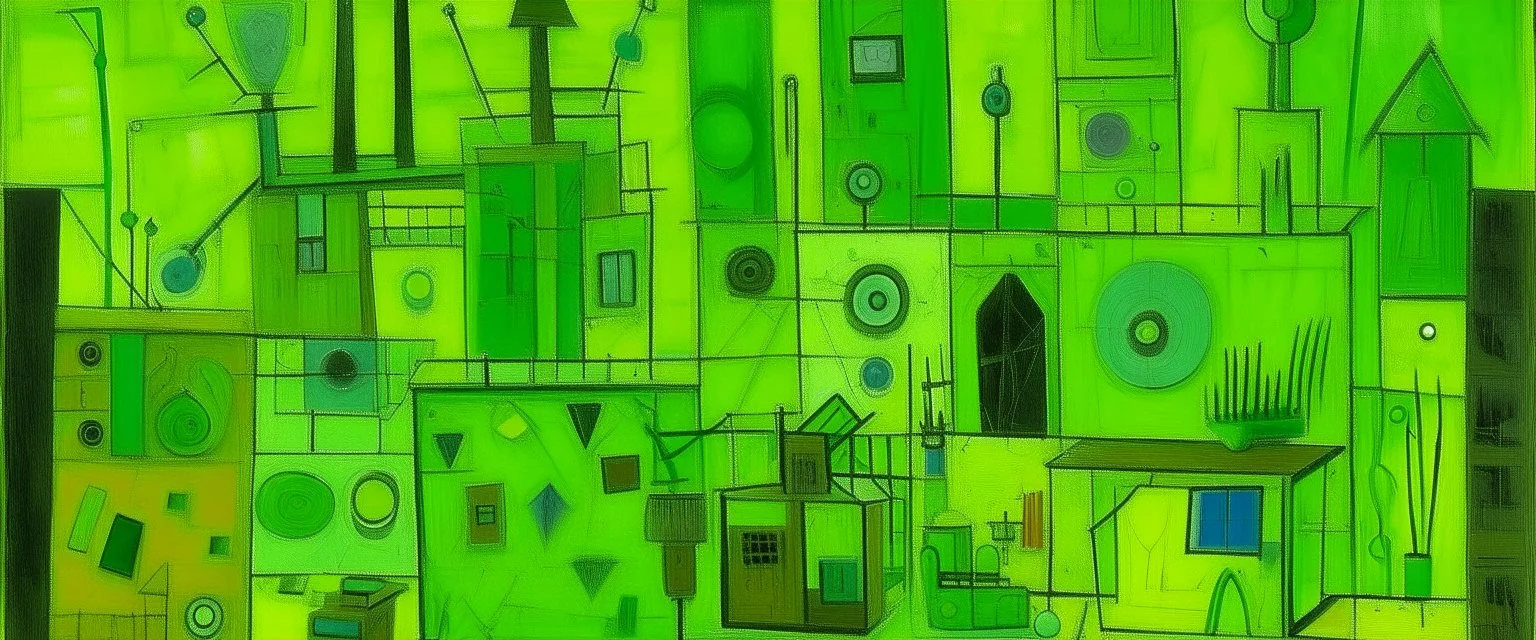 A lime green cybernetic workshop painted by Paul Klee