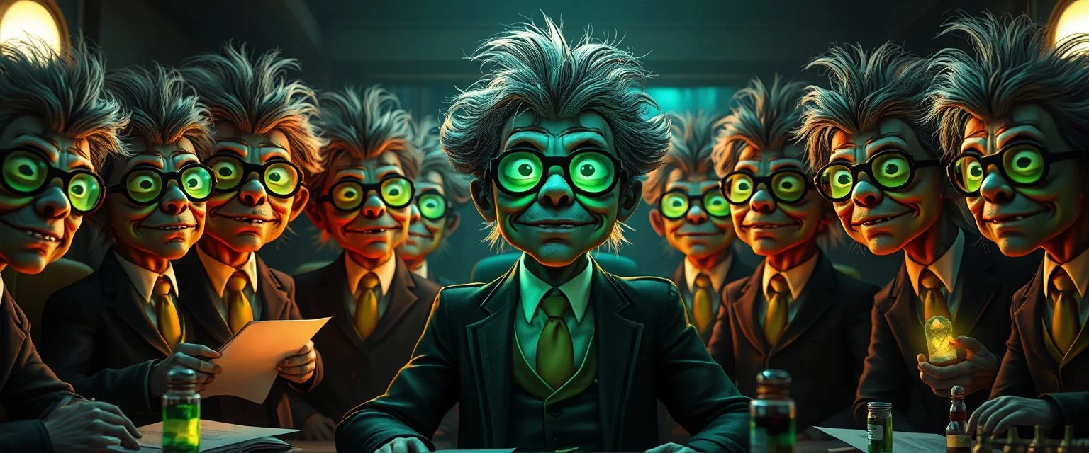 high class realism, the board in the style of fallout 4, A close up portrait of one person in group of mutated with hairy wigs glowing, messed up uranium creatures in a dimly lit boardroom, wearing tiny suits and glasses, with playful but slightly mischievous expressions. Their bodies emit a soft greenish glow. The room is filled with scattered papers, glowing vials, and miniature nuclear reactors. Style: whimsical digital illustration, cinematic lighting, colorful, slightly exaggerated feature