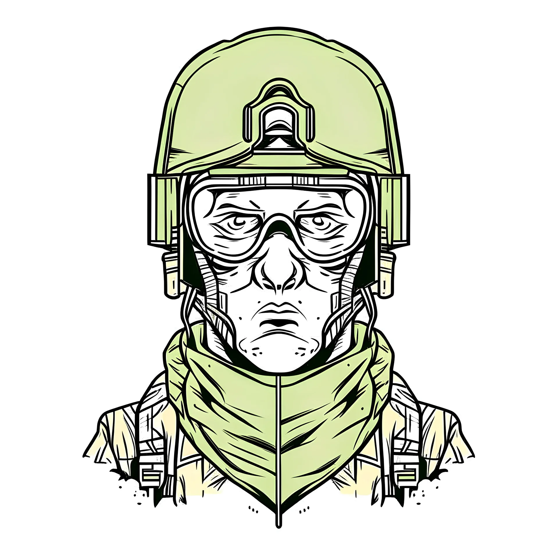 Avatar of a war torned soldier wearing a half ski mask and aviator glasses