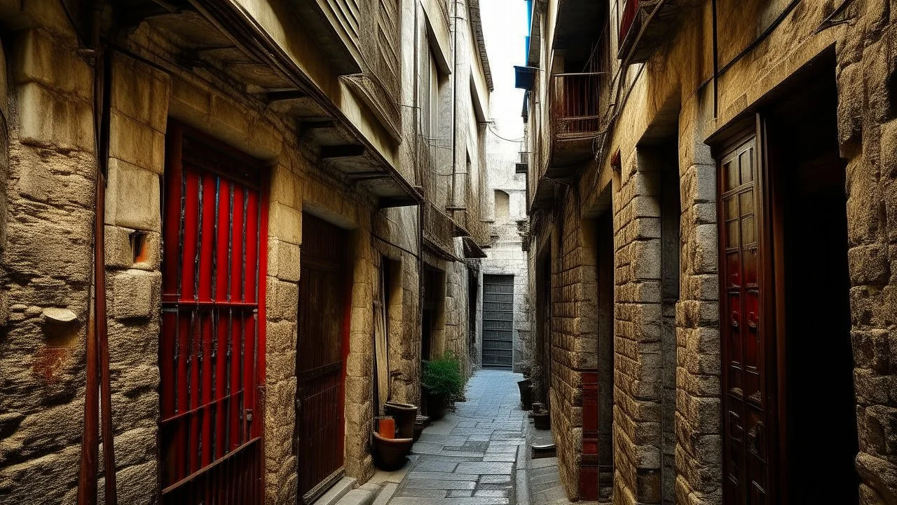 A narrow alley wound between limestone buildings, their walls showing centuries of wear. The eaves almost touched overhead, letting out thin cascades of water in rhythmic intervals. Low doors, some painted in bright colors like red or navy blue, contrasted with the bare facades, while small gas lamps flickered in the doorways, giving the place an air of nostalgia.