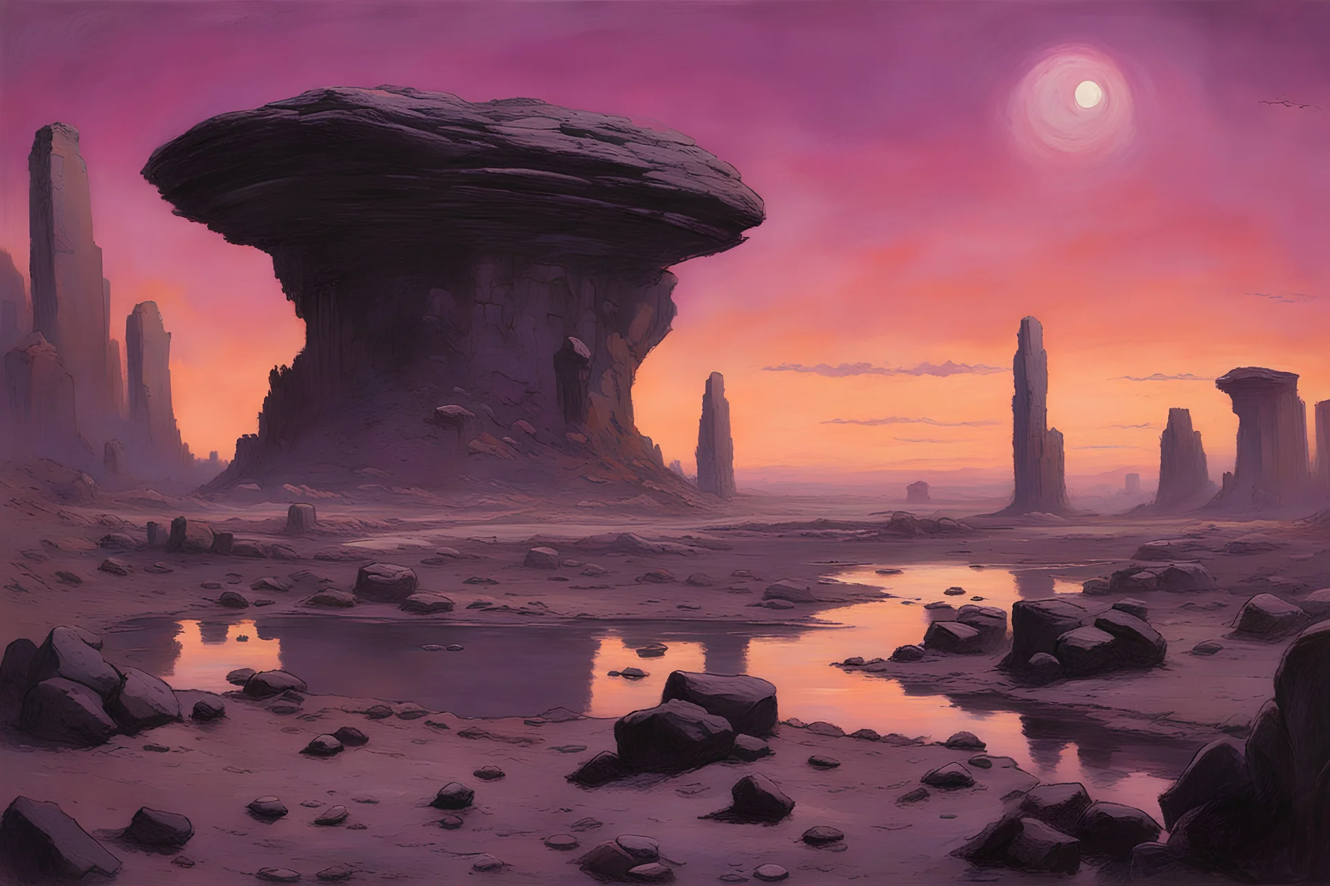 purple sky, alien rocky landscape, sci-fi, rocks, lagoon, walter leistikow, ernest welvaert, and hans am ende impressionism paintings