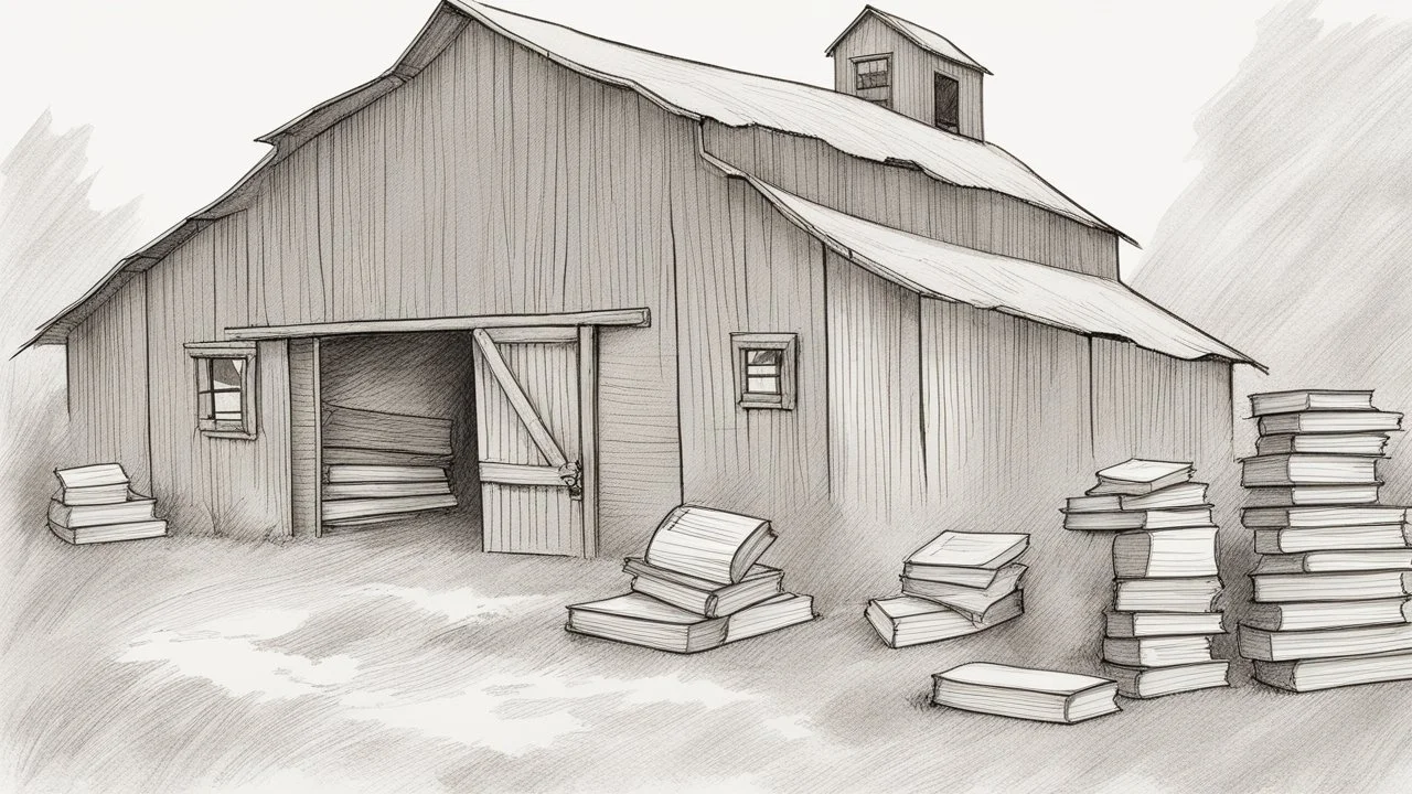 sketch drawing of a barn, tombstone, and some books