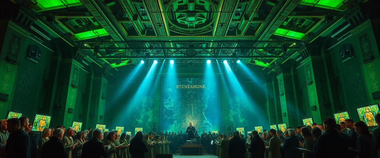 master oil painting by Rembrandt, giant industrial halls green tube lighting choir vocals ancient-celtic-meets-cyberpunk imagery synchronized mechanical drumming flickering CRT screens saying SYSTEMA STABILE