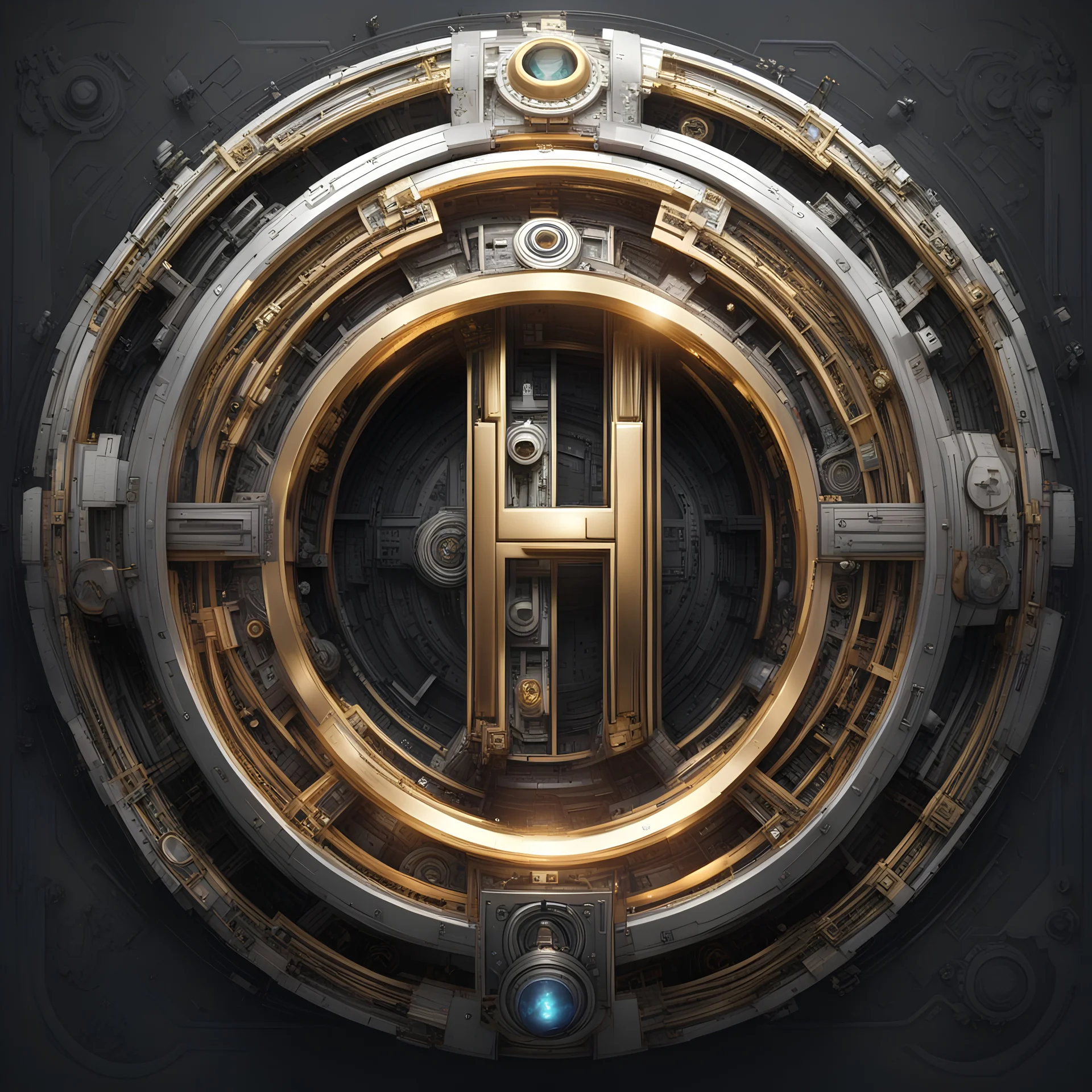 create me a large, centered letter H encased in a thin round, ornate golden ring. metallic,silver accents can be used. mechanical futuristic space cyberpunk style. extra electrical and pneumatic details, robot arms, laserguns. think dyson sphere, warp core, plasma couplings, maybe on the side of a spaceship. background should be #000000 full black.