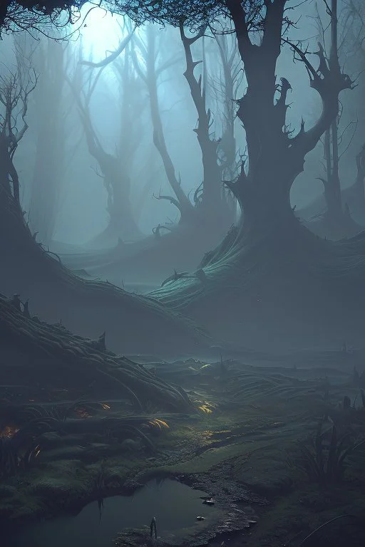 dynamic lighting, Intricately detailed, Splash screen art, deep color, Unreal Engine, volumetric lighting, dark fantasy artwork, dark swamp artwork, fantasy swamp artwork, cottage, night,