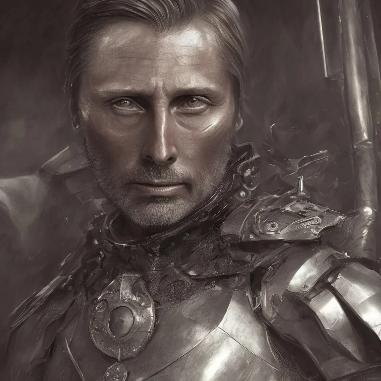 old Mads Mikkelsen in armor by greg rutkowskiб close up film photo, unreal engine, octane render, trending on artstation, highly detailed, studio lighting, professional, professional ominous concept art, by artgerm and greg rutkowski, an intricate, elegant, highly detailed digital painting, concept art, smooth, sharp focus, illustration, in the style of simon stalenhag, wayne barlowe, and igor kieryluk.