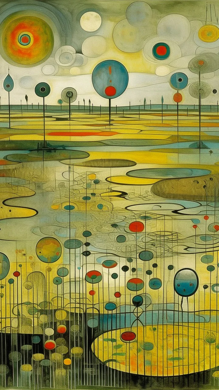 Gray flooded grasslands designed in ancient Egyptian pottery painted by Wassily Kandinsky