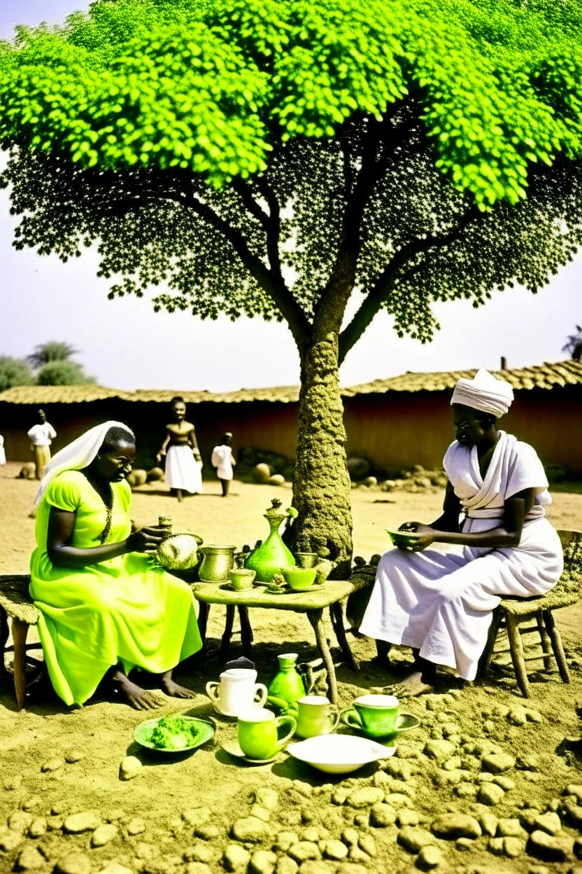 Sudan, destroyed city, women serving tea under tree