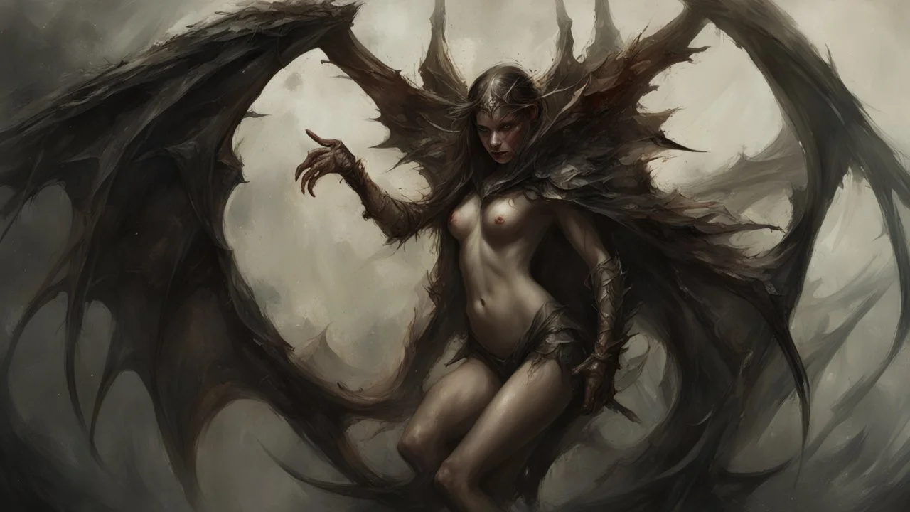 Demonic Elves with Wings,, Full Body Shot, Hyperrealistic, Photorealistic, Instant Details, darkness, by Raymond Swanland & Alyssa Monks & Anna Razumovskaya