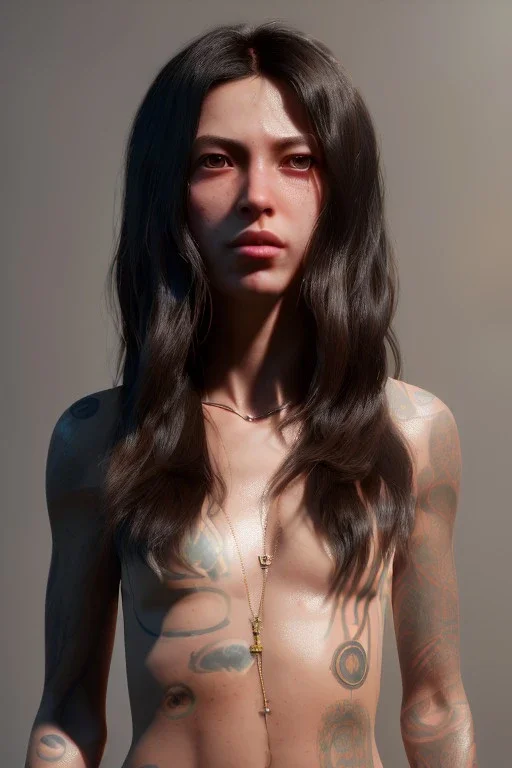 Ultra Realistic image, 25 years old brunette woman, Madrid, portrait, small stature, too small chest, yakuza body tattoo, vibrant color, highly detailed, art stations, concept art, smooth, unreal engine 5, god rays, ray tracing, RTX, lumen lighting, ultra detail, volumetric lighting.