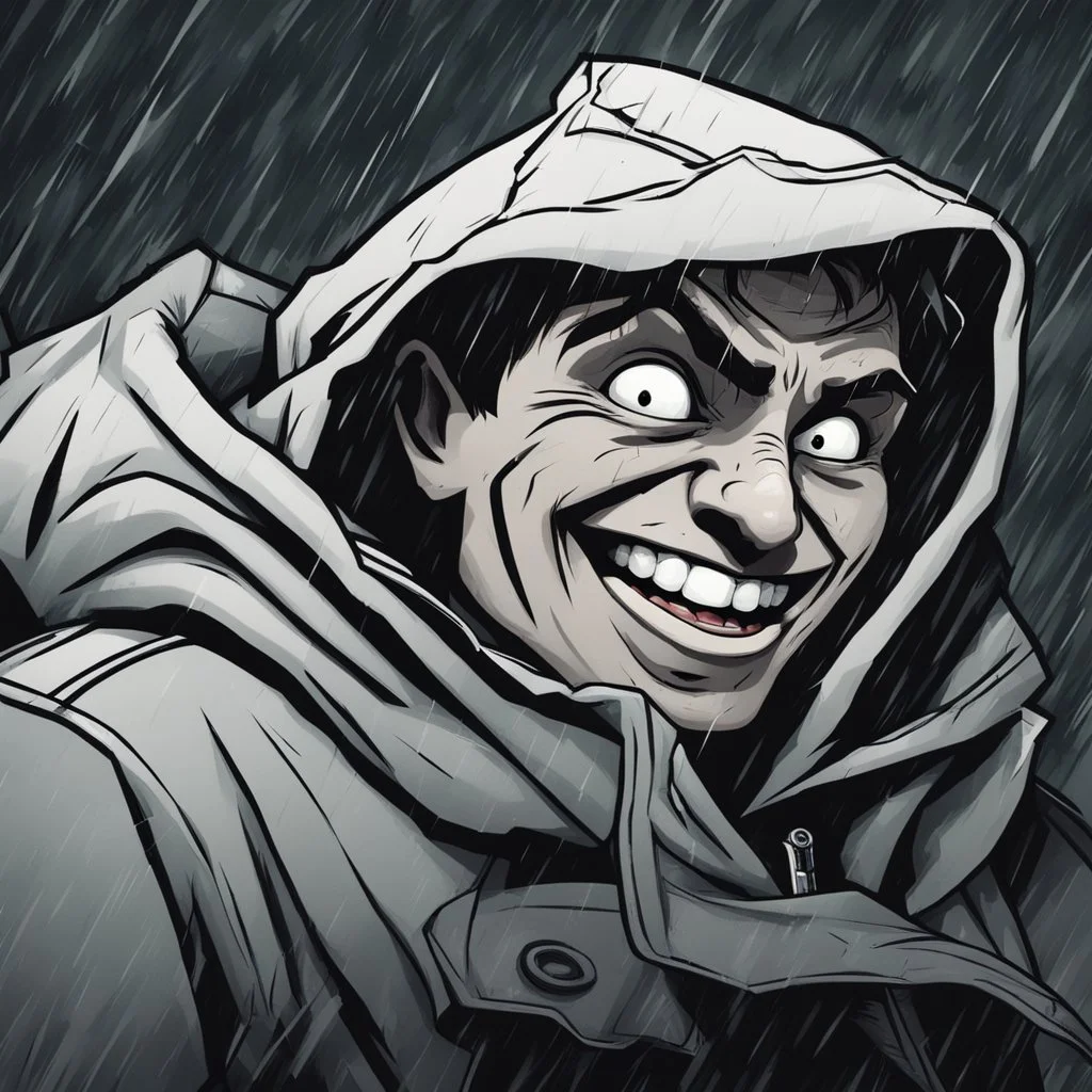 a closeup of a psychopathic young man with white eyes in a heavy coat and hood during a rainstorm laughing cartoon