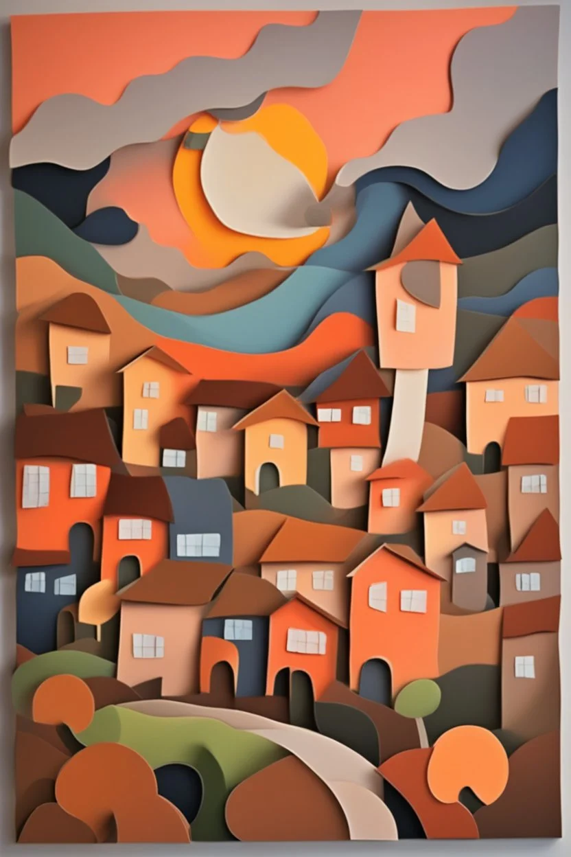 paper art, the scream style, colors of a storm of emotions and especially fuuz peach, sunset in fuzz peach colors, above rural houses in an old European style atmosphere, colors of a storm of emotions and especially fuuz peach. cubism style