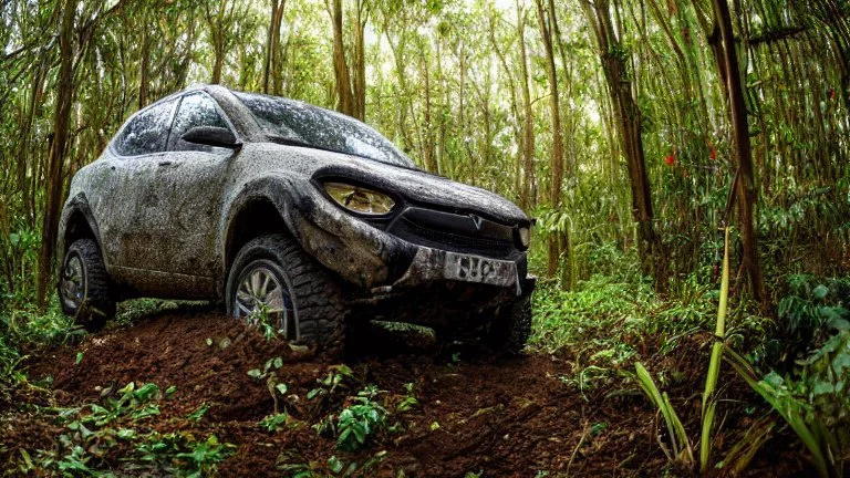 A Tesla's 'Model S Plaid' is doing donuts, in a jungle of the Jurassic Period. CINEMATIC. WIDE ANGLE LENS. PHOTO REAL.