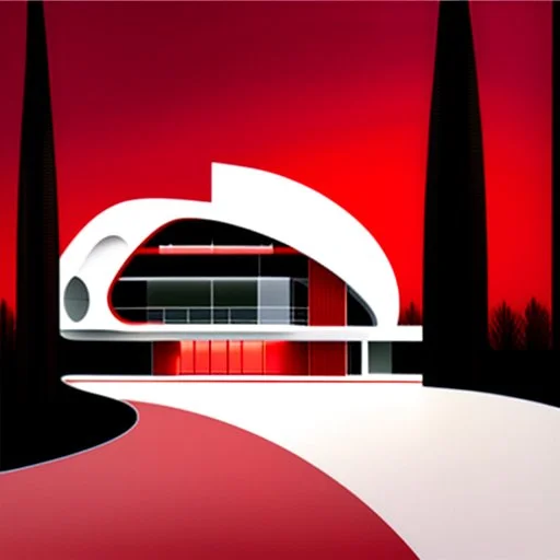 Draw an lineal illustration of a red and white country house, oval and round shapes, modern, minimalist style, ultra quality, detailed, Zaha Hadid style, Zaha Hadid style