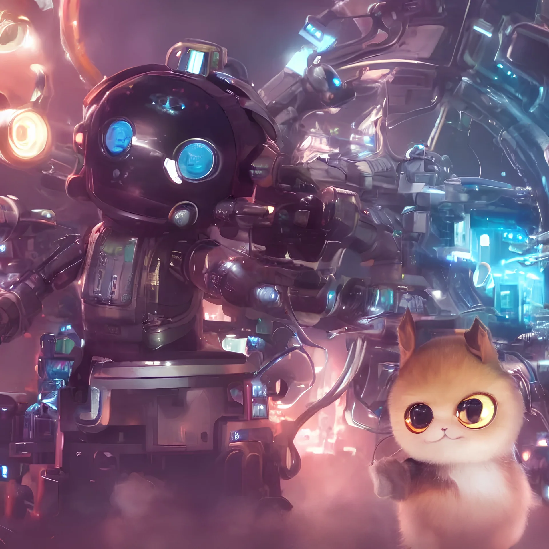 high quality video game sci - fi very cute fluffy! cat!! cyborg soldier with futuristic mechanical parts, cyberpunk monocle!, highly detailed, unreal engine cinematic smooth, in the style of detective pikachu, hannah yata charlie immer, dark blue neon light, low angle, uhd 8 k, sharp focus