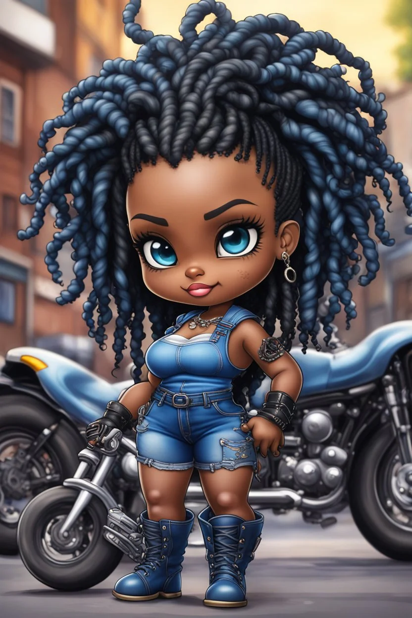 create an airbrush illustration of a chibi cartoon voluptuous black female wearing a blue jean outfit with biker boots. Prominent make up with hazel eyes. Extremely highly detail of a twisted dreadlocks. Background of a bike show.