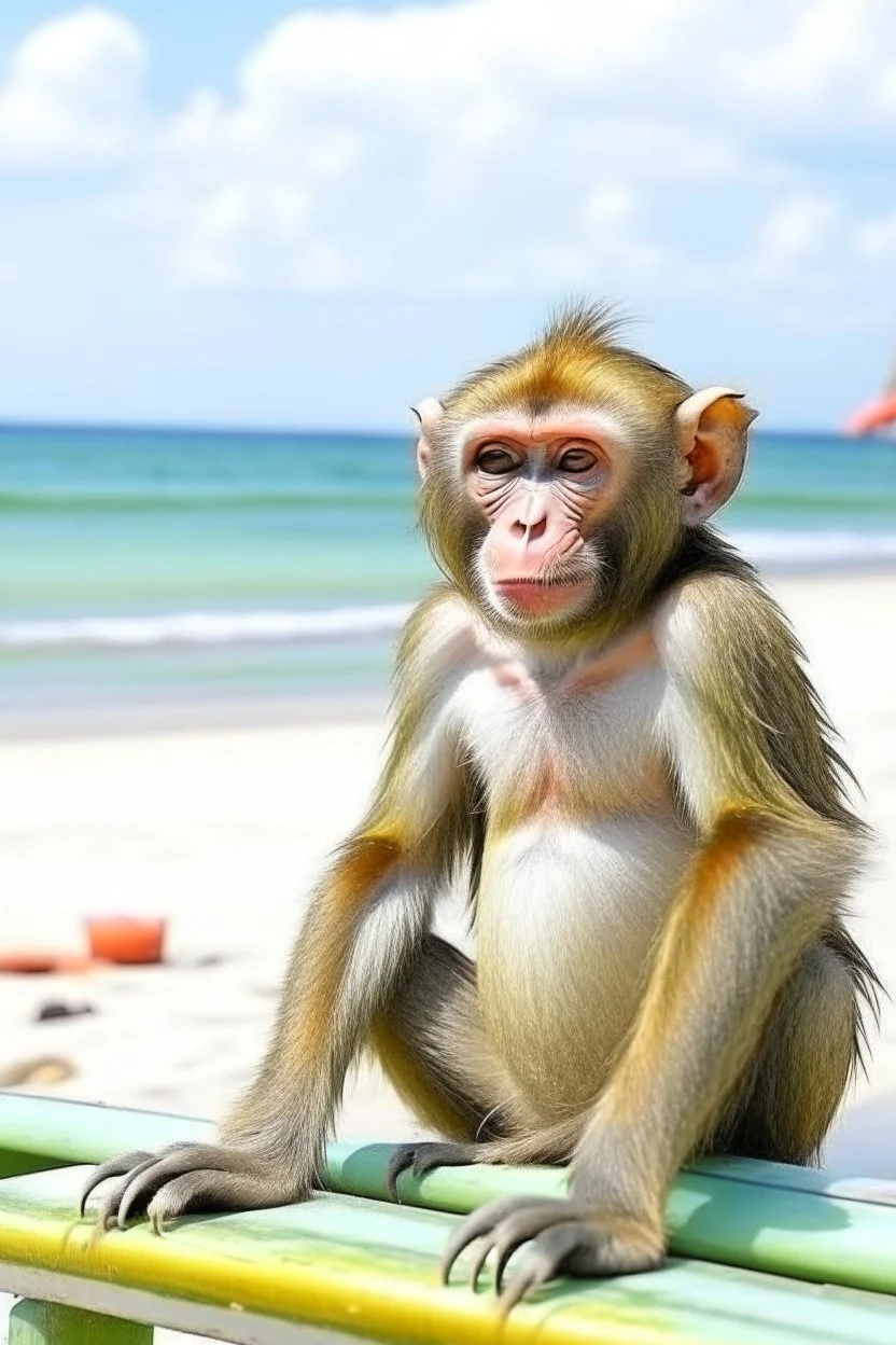 Show me monkey, which is on the beach and drink beer