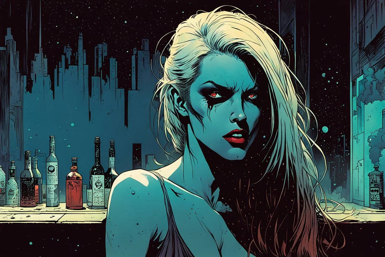 create a hardened, vampire girl in a seedy Soho bar, in the comic book art style of Mike Mignola, Bill Sienkiewicz and Jean Giraud Moebius, , highly detailed,, grainy, gritty textures, , dramatic natural lighting