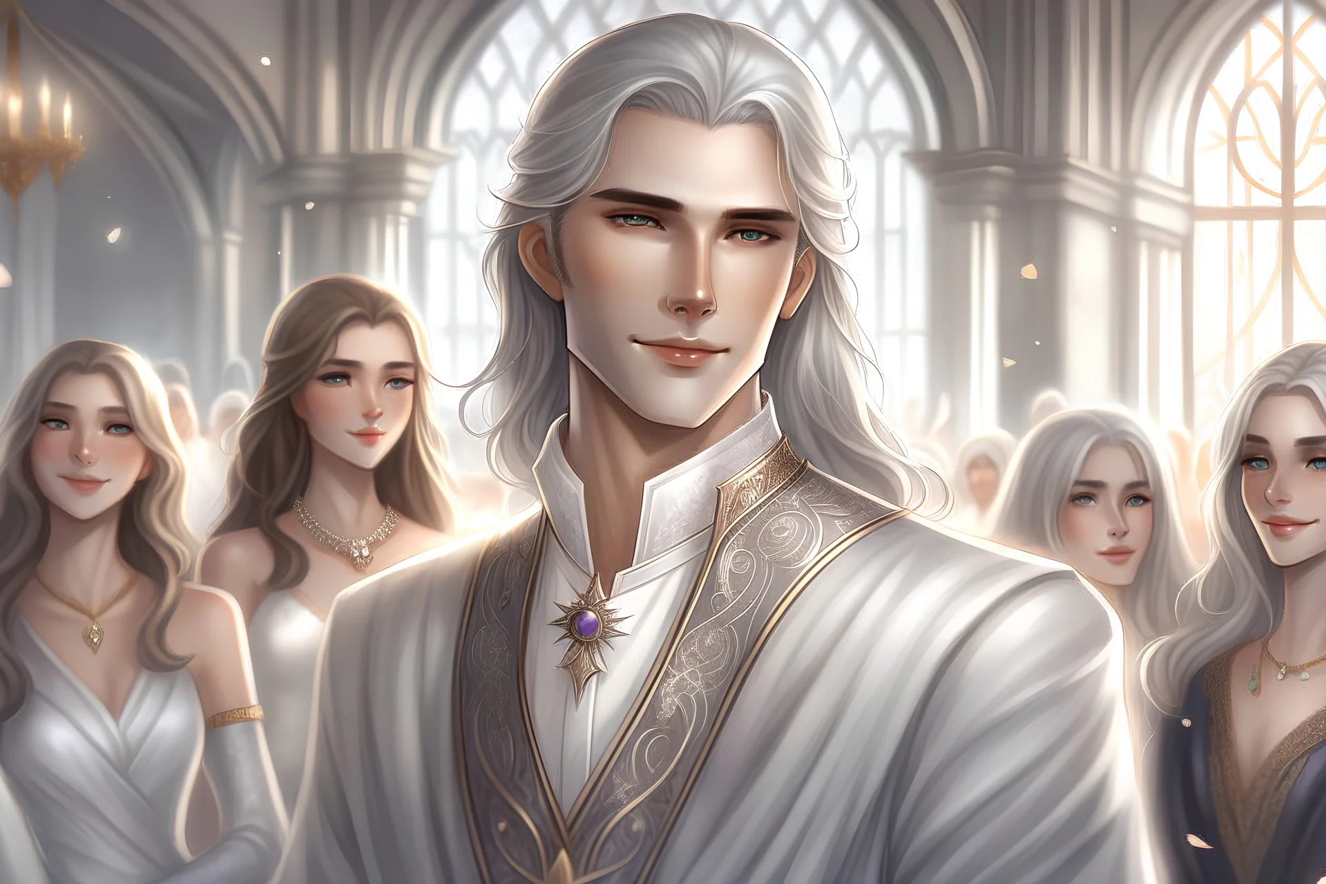 Charismatic, attractive, tanned young man -a prince with long, white hair as snow, grey eyes, smirk, sexy, long hair, looking at viewer standing out amongst noble guests in ball gowns at a gala wearing his silvery clothes in light fabric. Wearing earrings and subtle makeup, and a simplistic crown of silver. Fantasy, Victorian style clothes