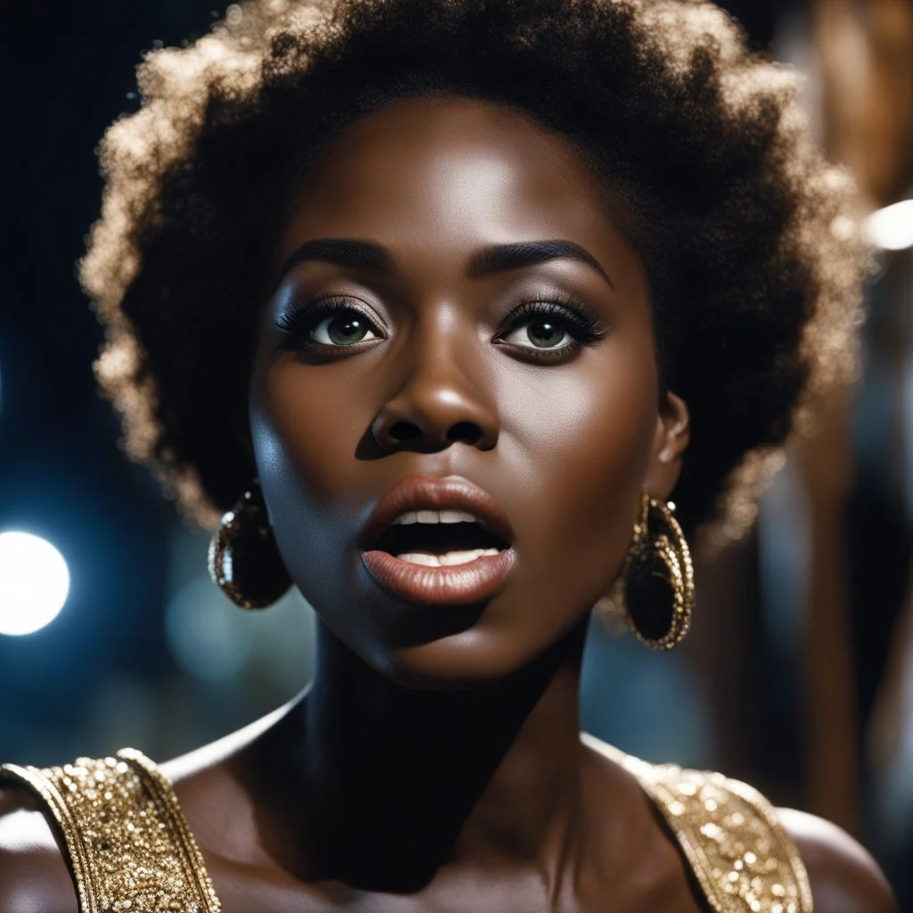 (A raw, photorealistic cinematic freeze-frame captured on 35mm film by Ray Harryhausen.) The core of the reality is a 24-year-old Nigerienne woman, her entire being radiating shock and transcendence. Her mouth is a perfect, vibrating 'O' of surprise; her eyes are wide, reflecting cosmic light. She is suspended, defying gravity in the exact, rigid 'crane' stance of the ancient Karate masters—balanced perfectly on one leg, the right knee tucked high, her arms flared outward like the divine wings o