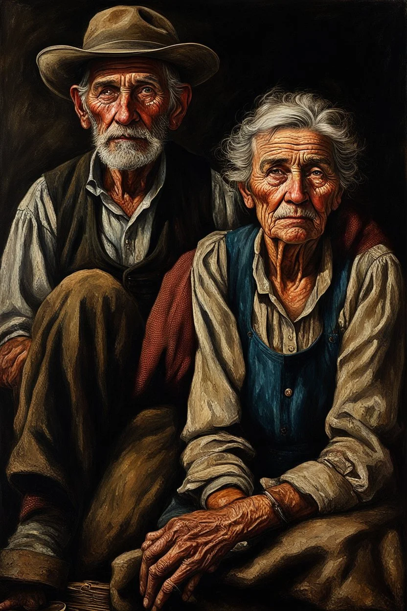 Color Portrait of an old Appalachian farmer couple early 1900s, beautiful painting with highly detailed face by greg rutkowski, Lee Jeffries, magali villanueve Modifiers: extremely detailed oil on canvas photorealistic