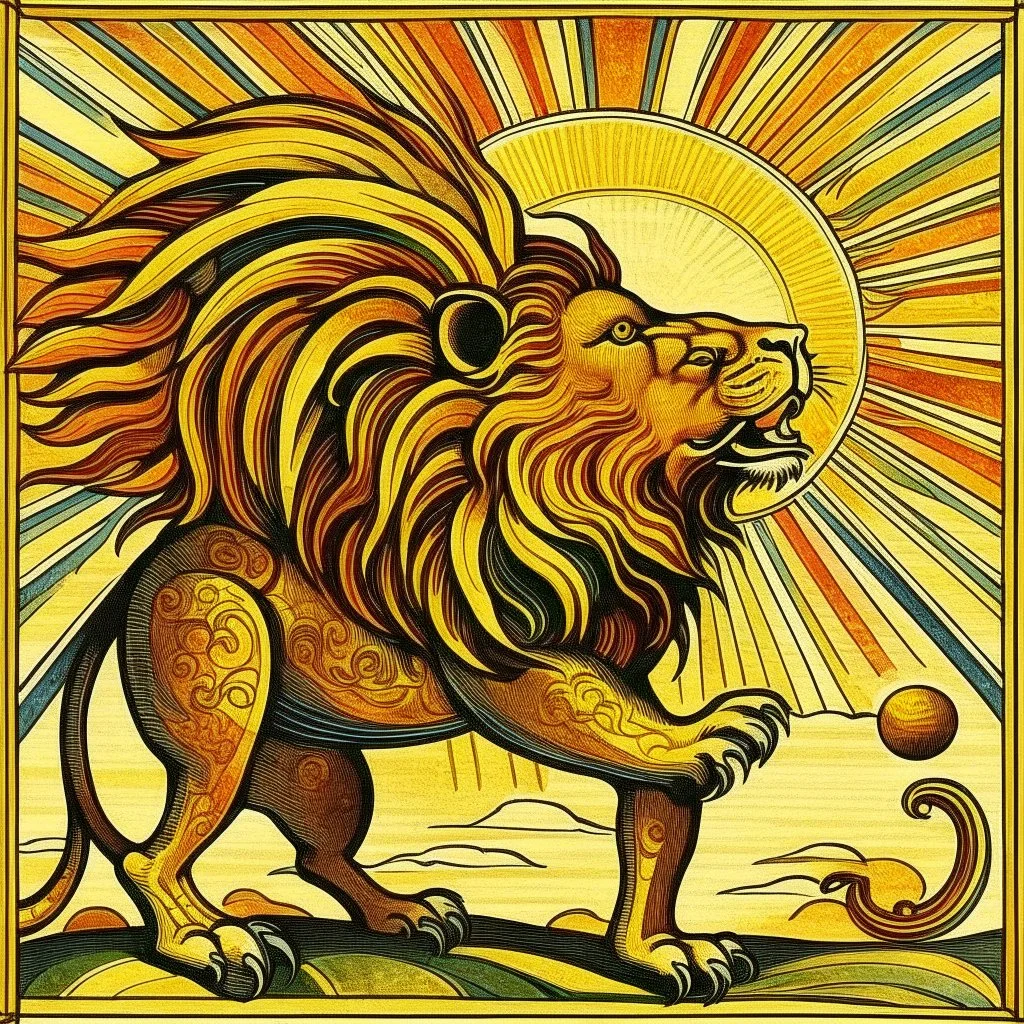 Art deco design of a lion devouring a sun