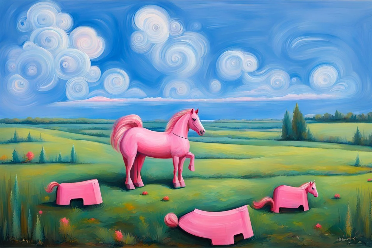 Big pink plastic toy horse.19th painting