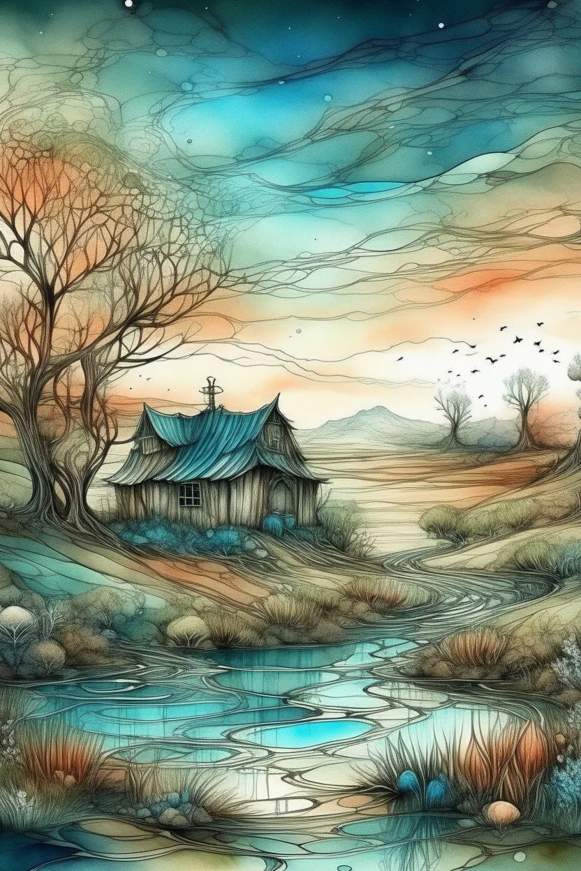 The place where the Dream and its followers live. Watercolor, fine drawing, beautiful landscape, pixel graphics, lots of details, pastel aqua colors, delicate sensuality, realistic, high quality, work of art, hyperdetalization, professional, filigree, hazy haze, hyperrealism, professional, transparent, delicate pastel tones, back lighting, contrast, fantastic, nature+space, Milky Way, fabulous, unreal, translucent, glowing