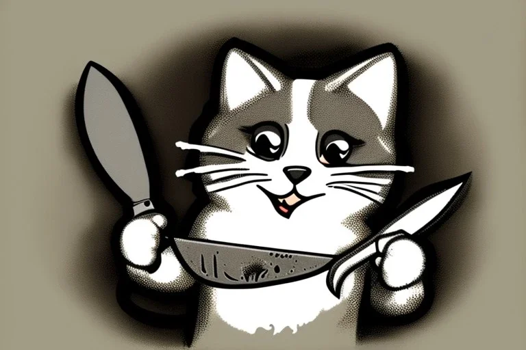 Cat smiling with a bloody knife. Illustration.