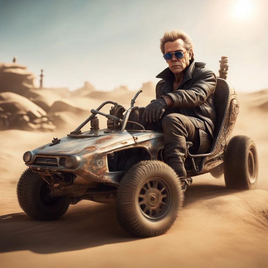 airbrush with pen outline, cool space mad max pimp Christopher Walken gremlin with a dune buggy in action scene, wearing driver gloves, wearing flip down sun glasses, in the style of a fallout 4,bokeh like f/0.8, tilt-shift lens 8k, high detail, smooth render, down-light, unreal engine, prize winning