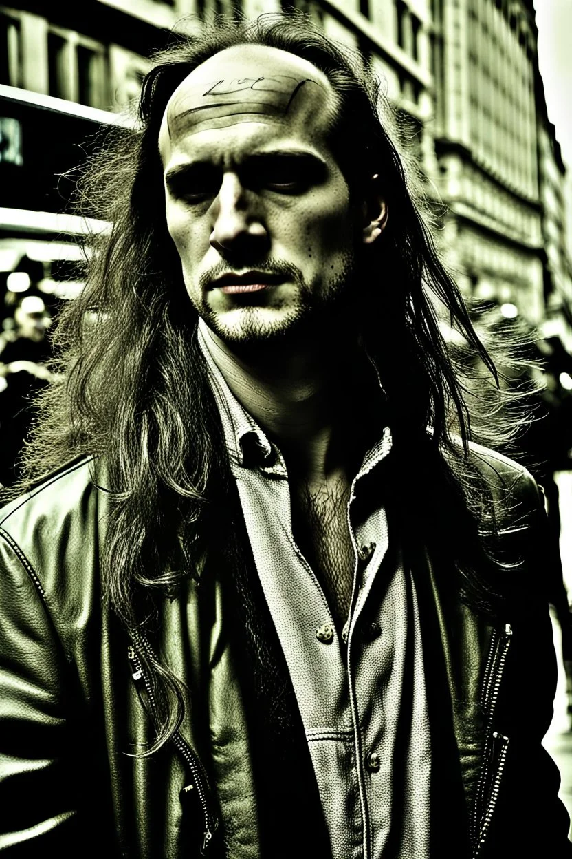 A stalker wants an autograph from a long-haired rock musician on a street in central London. The stalker is an overweight soon bald 25-year-old and looks a bit slimy, the atmosphere is oppressive and unpleasant, lot of traffic and london busses, hectic hour, a nice hotel, fog and rain