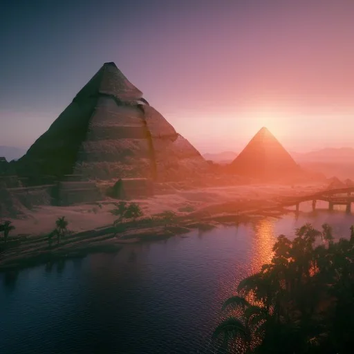 Giza Piramitleri fantasy art, island waterfall palms twigs spring sunset rainbow bridge birds, lighting, cinematic, extremly, mist, unreal engine 5, cinematic lighting, beautiful, photorealistic, abstract