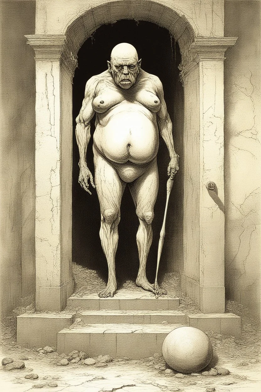 The full body of a fat man holding a bat , all in white color coming out a broken wall, decayed and rotting with grotesque proportions and imagery. surreal horror, biomechanical design, by hr giger and beksinski