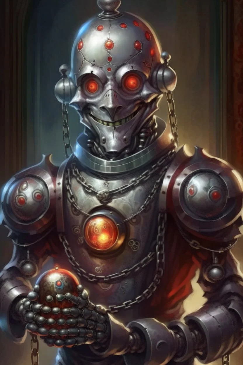 book illustration, oil painting portrait of slightly knightly smirking robot vampire holding magical ball in chain, bokeh , high detail, smooth render, prize winning