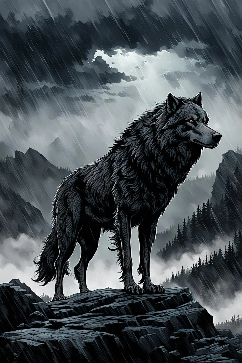 a big dark wolf in storm and rain stands on the big grey-black rock, a kingdom and forest siluette in the background