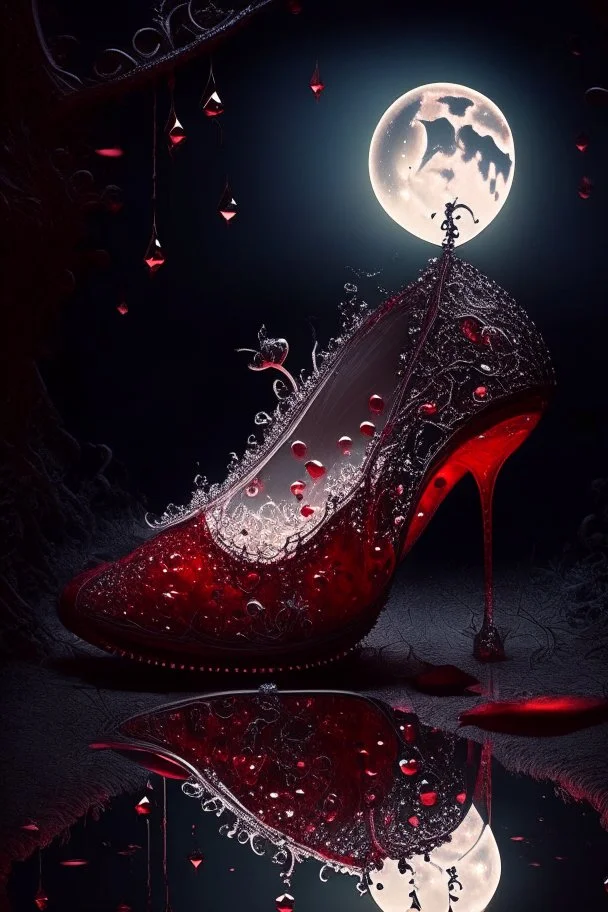 dark fantasy, intricate cover, a whimsical fairytale, translucent shoe made of moonlit glass with drops of crimson blood underneath