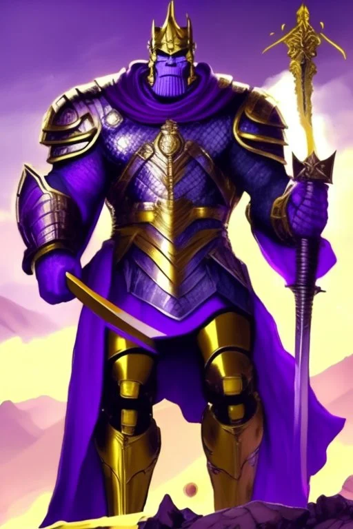 Thanos, the commander of the army of aliens and the king of the entire galaxy, is ready to go on a campaign with his two large swords, his very beautiful and impenetrable armor with his golden helmet, standing on top of a hill with his sword with infinity gauntlet