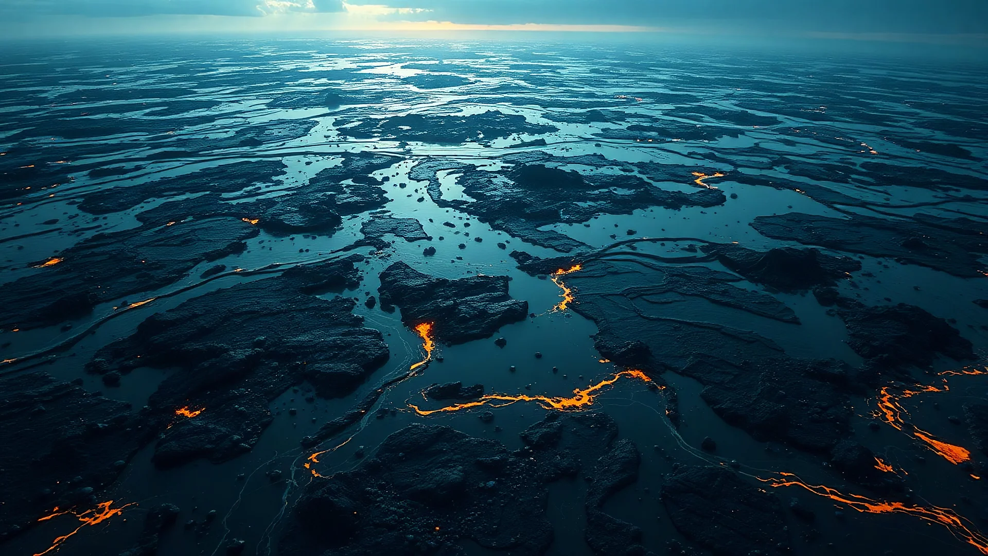aerial view of an oceanic landscape covered in grease and coal that looks futuristic with futuristic lighting, horizon, realistic rendering