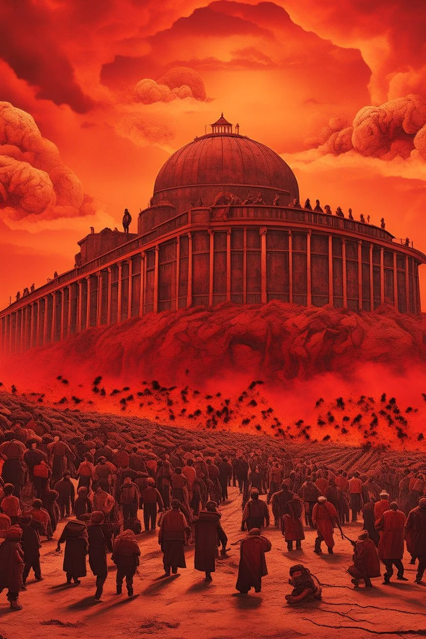 A lot of Prisoners line up in hell in front of a big wall , red clouds in the sky with huge amount of dead people laying on the ground