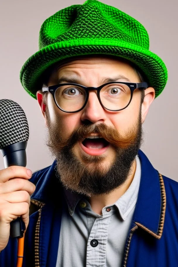 Man fires up with a microphone in his hand, wears glasses, hat, small beard, looks like a clog.