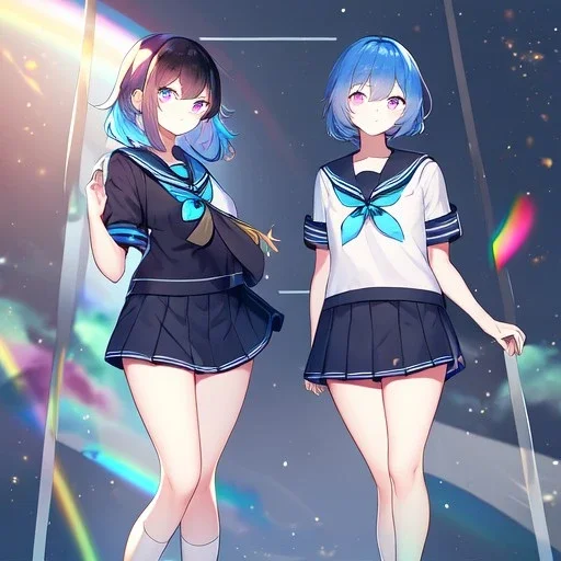 Clear focus,High resolution, Black and Rainbow short fluffy hair, and rainbow eyes, wearing a sailor uniform, must wear a short skirt with a horizontal line